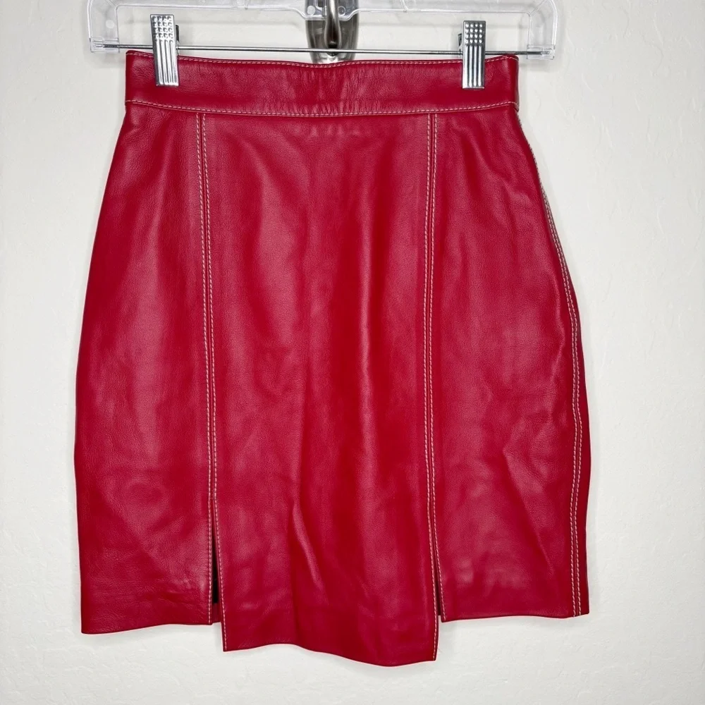 Kirin Peggy Gou Red Leather Mini Skirt Contrast Stitch Size 38 NWT